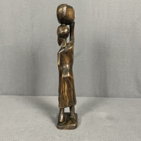Vintage African Hand Carved Wood Folk Art Tribal Statue Woman Carrying Water - Picture 3 of 14